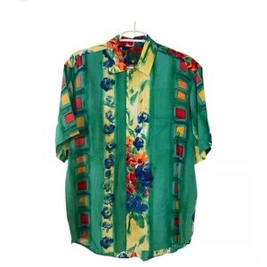Vintage James World Green Floral Button Shirt Small
